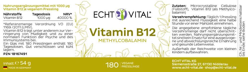 Echt Vital Vitamin B12 - 1 Glas mit 180 Presslingen - bever-naturversand