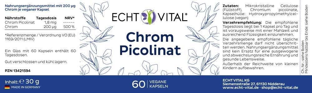 ECHT VITAL Chrom Picolinat - 1 Glas mit 60 Kapseln - bever-naturversand