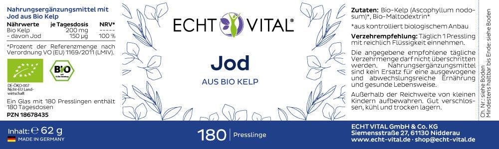 Echt Vital Jod aus Bio Kelp - 1 Glas mit 180 Presslingen - bever-naturversand
