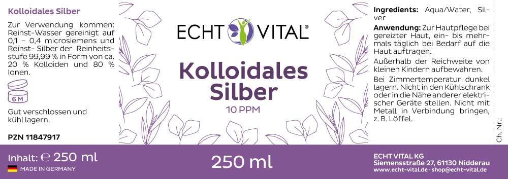 ECHT VITAL Kolloidales Silber 10 ppm - 1 Flasche mit 250 ml - bever-naturversand