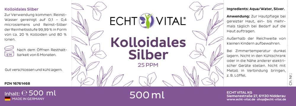 ECHT VITAL Kolloidales Silber 25 ppm - 1 Flasche mit 500 ml - bever-naturversand