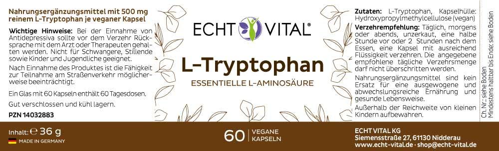 Echt Vital L-Tryptophan - 1 Glas mit 60 Kapseln - bever-naturversand
