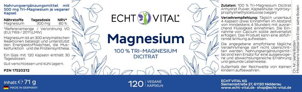 ECHT VITAL MAGNESIUM - Tri-Magnesium Dicitrat - 1 Glas mit 120 Kapseln - bever-naturversand