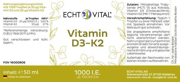 Echt Vital Vitamin D3-K2 - 1 Flasche mit 50 ml - bever-naturversand