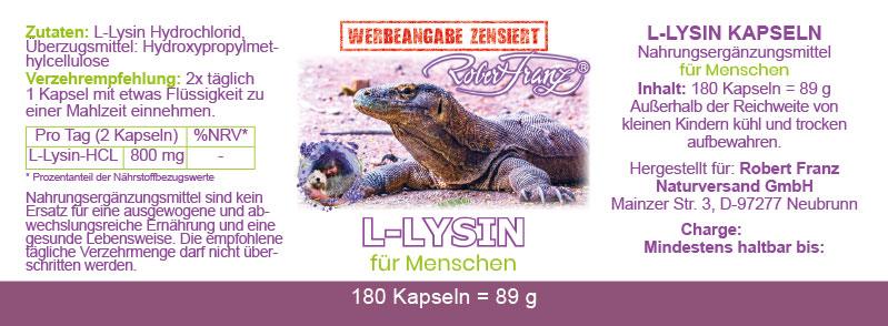 L-Lysin - 180 Kapseln a 400 mg von Robert Franz - bever-naturversand