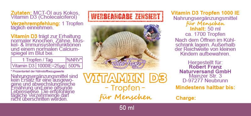 Vitamin D3 Tropfen - 50ml 1700 Tropfen a 1000 IE von Robert Franz - bever-naturversand