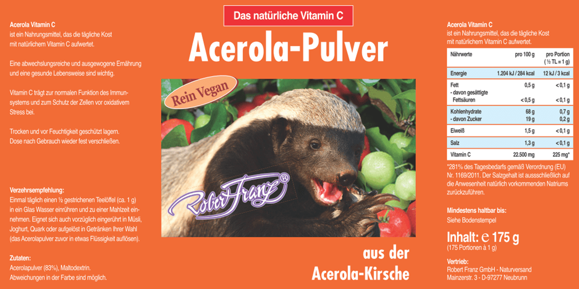 Vitamin C Acerola Pulver Vegan von Robert Franz - bever-naturversand