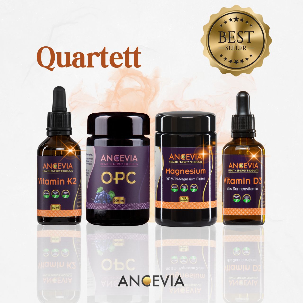 Nährstoff-Quartett (D3, K2, Mg, OPC) von Ancevia®