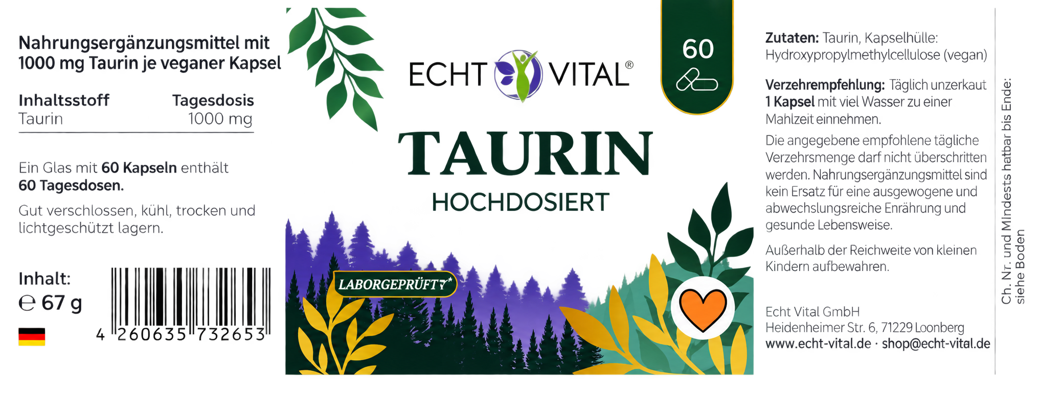 Echt Vital® Taurin hochdosiert – 1000 mg Taurin pro Kapsel