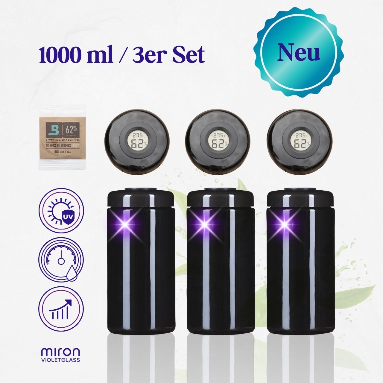 Hygro Giant Sets - Violettglas 1000 ml Weithalsdose mit Hygrometerdeckel + Boveda