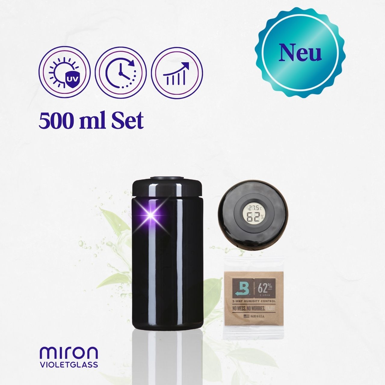 Hygro Bunker Sets - Violettglas 500 ml Weithalsdose (Saturn) mit Hygrometerdeckel + Boveda