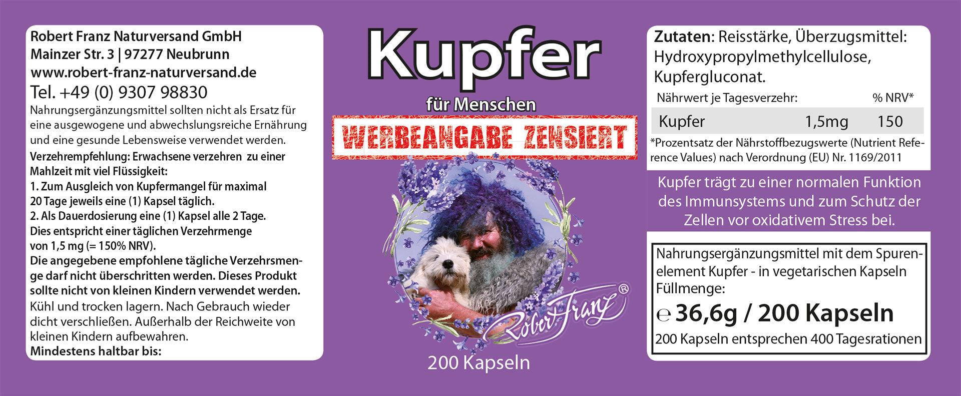 Kupfer 200 vegetarische Kapseln a 1,5 mg von Robert Franz - bever-naturversand