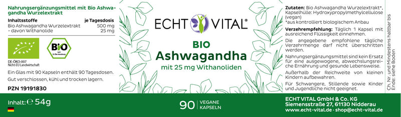 Echt Vital Bio Ashwagandha - 1 Glas mit 90 Kapseln