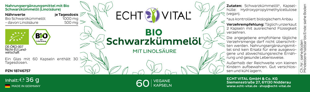 Echt Vital Bio Schwarzkümmelöl - 1 Glas mit 60 Kapseln