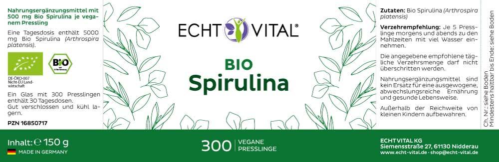 ECHT VITAL Bio Spirulina und Chlorella - 1 Glas mit 365 Presslingen - bever-naturversand