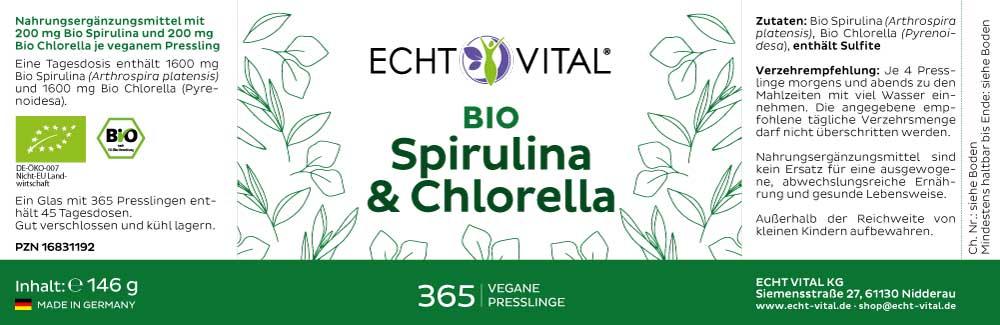 ECHT VITAL Bio Spirulina und Chlorella - 1 Glas mit 365 Presslingen - bever-naturversand