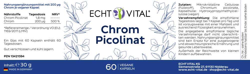 ECHT VITAL Chrom Picolinat - 1 Glas mit 60 Kapseln MHD 12/2025