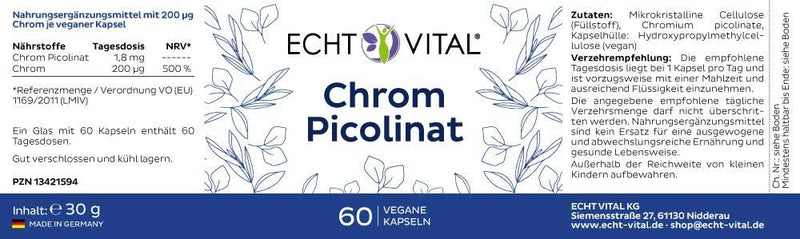 ECHT VITAL Chrom Picolinat - 1 Glas mit 60 Kapseln - bever-naturversand