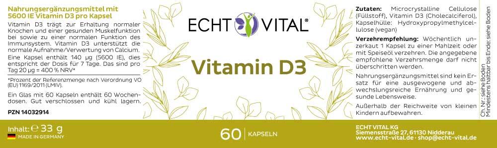 Echt Vital Vitamin D3 - 1 Glas mit 60 Kapseln - bever-naturversand