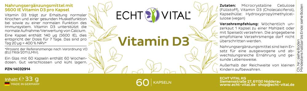 Echt Vital Vitamin D3 - 1 Glas mit 60 Kapseln