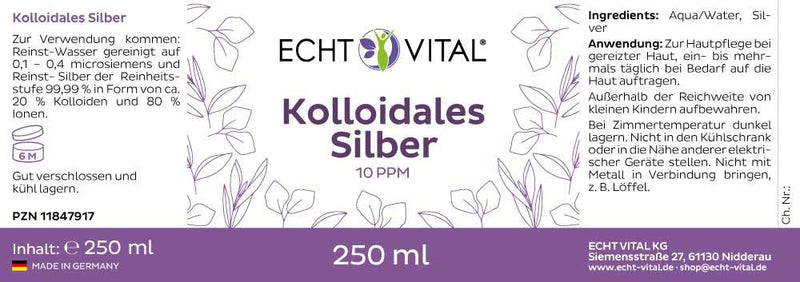 ECHT VITAL Kolloidales Silber 10 ppm - 1 Flasche mit 250 ml - bever-naturversand
