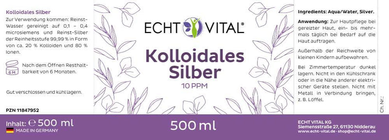ECHT VITAL Kolloidales Silber 10 ppm - 1 Flasche mit 500 ml - bever-naturversand