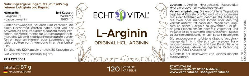 Echt Vital L-Arginin - 1 Glas mit 120 Kapseln - bever-naturversand