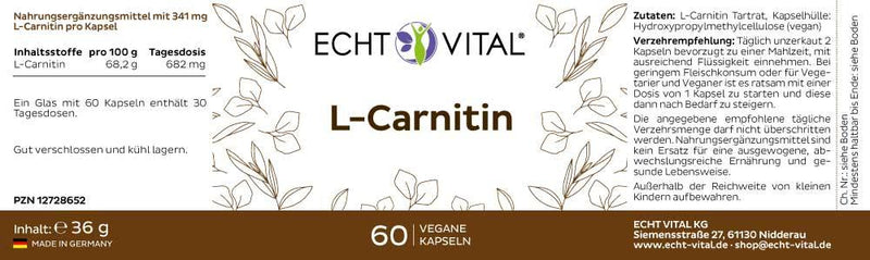 Echt Vital L-Carnitin - 1 Glas mit 60 Kapseln - bever-naturversand