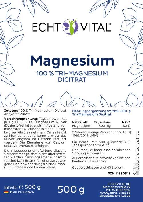 Echt Vital MAGNESIUM - Tri-Magnesium Dicitrat - 1 Beutel mit 500 g Pulver - bever-naturversand