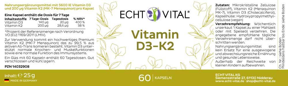 Echt Vital Vitamin D3/K2 - 1 Glas mit 60 Kapseln - bever-naturversand