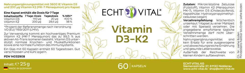 Echt Vital Vitamin D3/K2 - 1 Glas mit 60 Kapseln