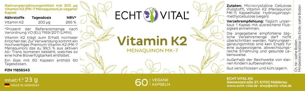 Echt Vital Vitamin K2 - 1 Glas mit 60 veganen Kapseln - bever-naturversand