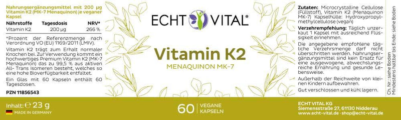 Echt Vital Vitamin K2 - 1 Glas mit 60 veganen Kapseln