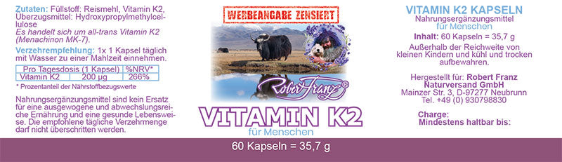 Vitamin K2  60 vegane Kapseln für Menschen von Robert Franz