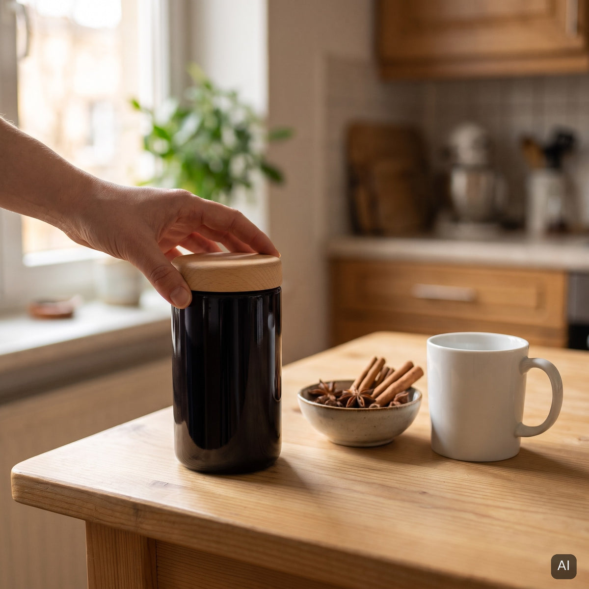 KI-generiertes Bild: schlankes Violettglas mit Buche-Holzdeckel neben Gewürzen und Tasse