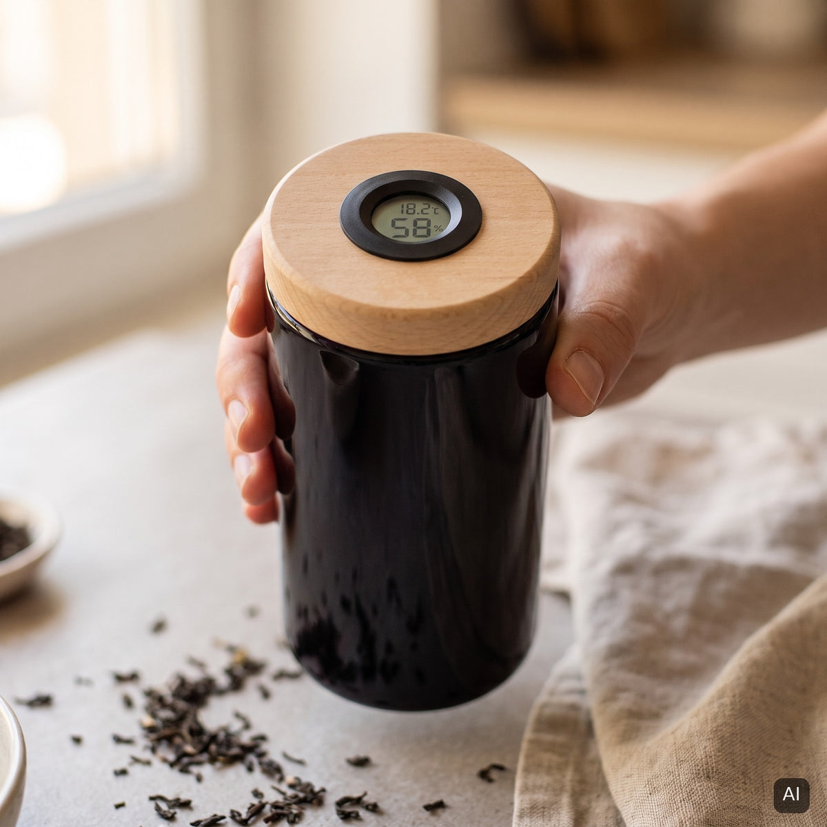 KI-generiertes Bild: Violettglas mit Buche-Holzdeckel und Hygrometer in der Hand