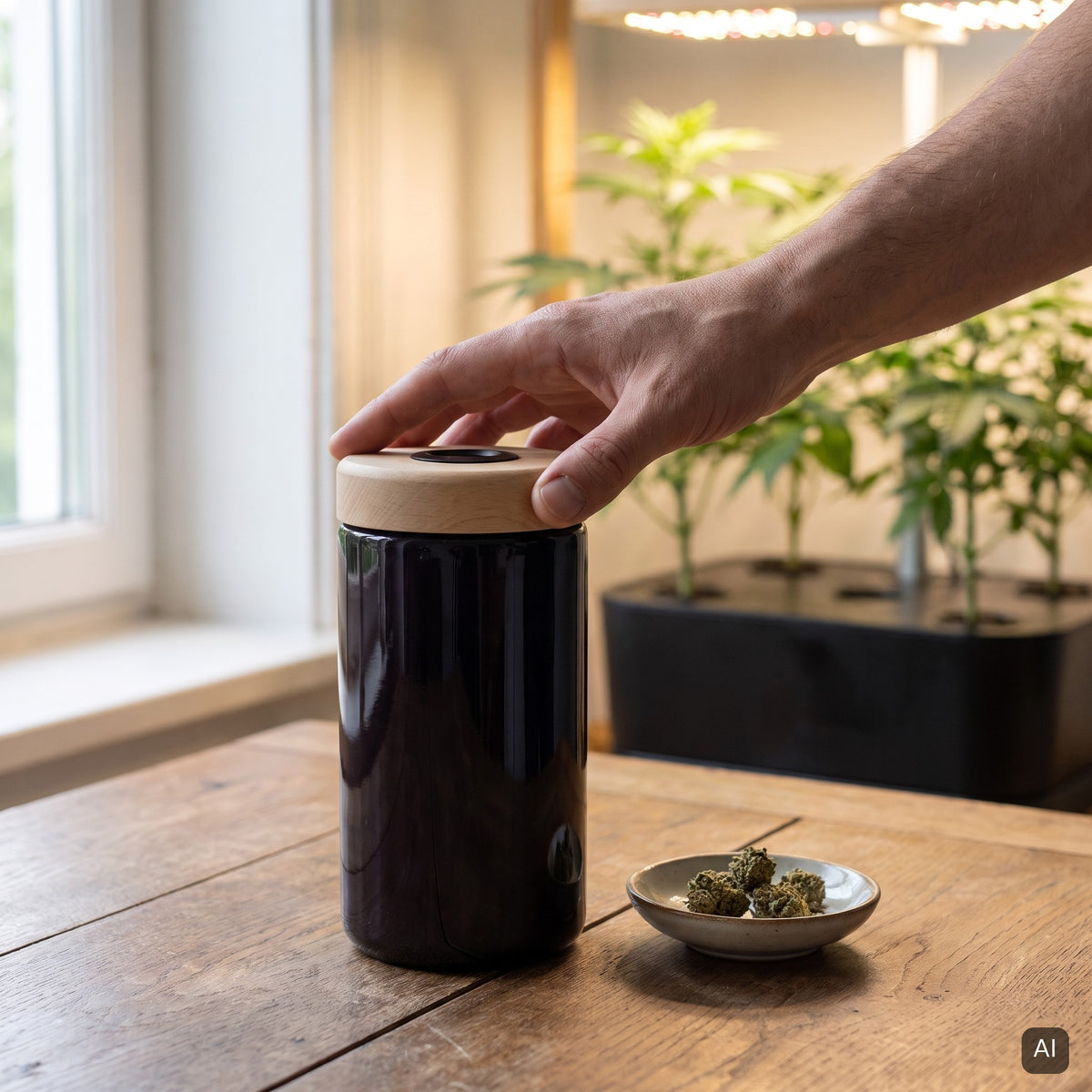 KI-generiertes Bild: Violettglas mit Buche-Hygrometer-Deckel, im Hintergrund Pflanzen unter Pflanzenlicht
