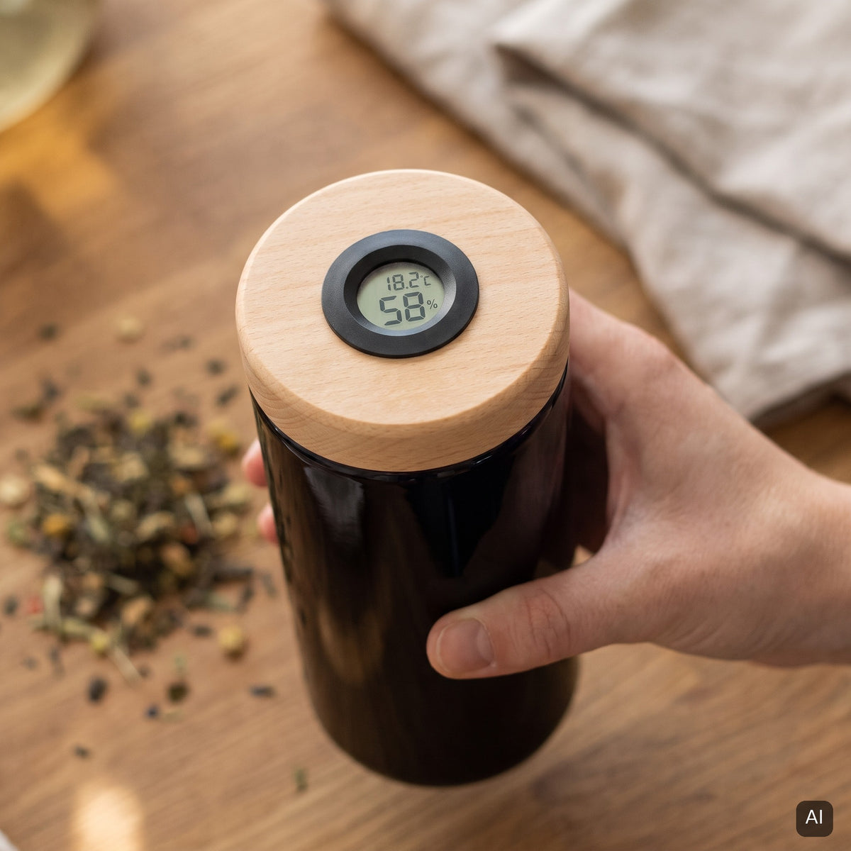 KI-generiertes Bild: Violettglas mit Buche-Hygrometer-Deckel in der Hand, Anzeige 58 %