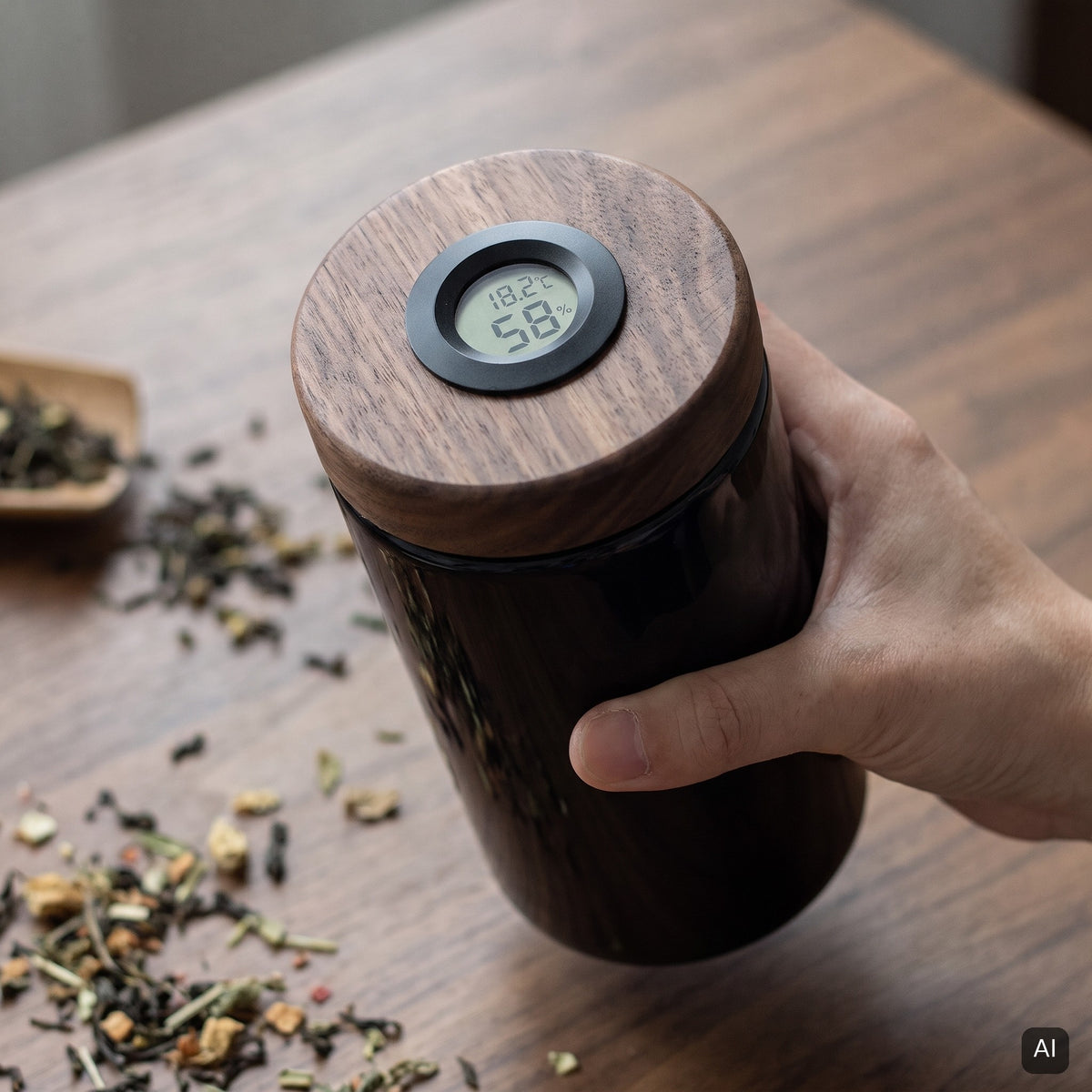 KI-generiertes Bild: Violettglas mit Nussbaum-Holzdeckel und Hygrometer in der Hand