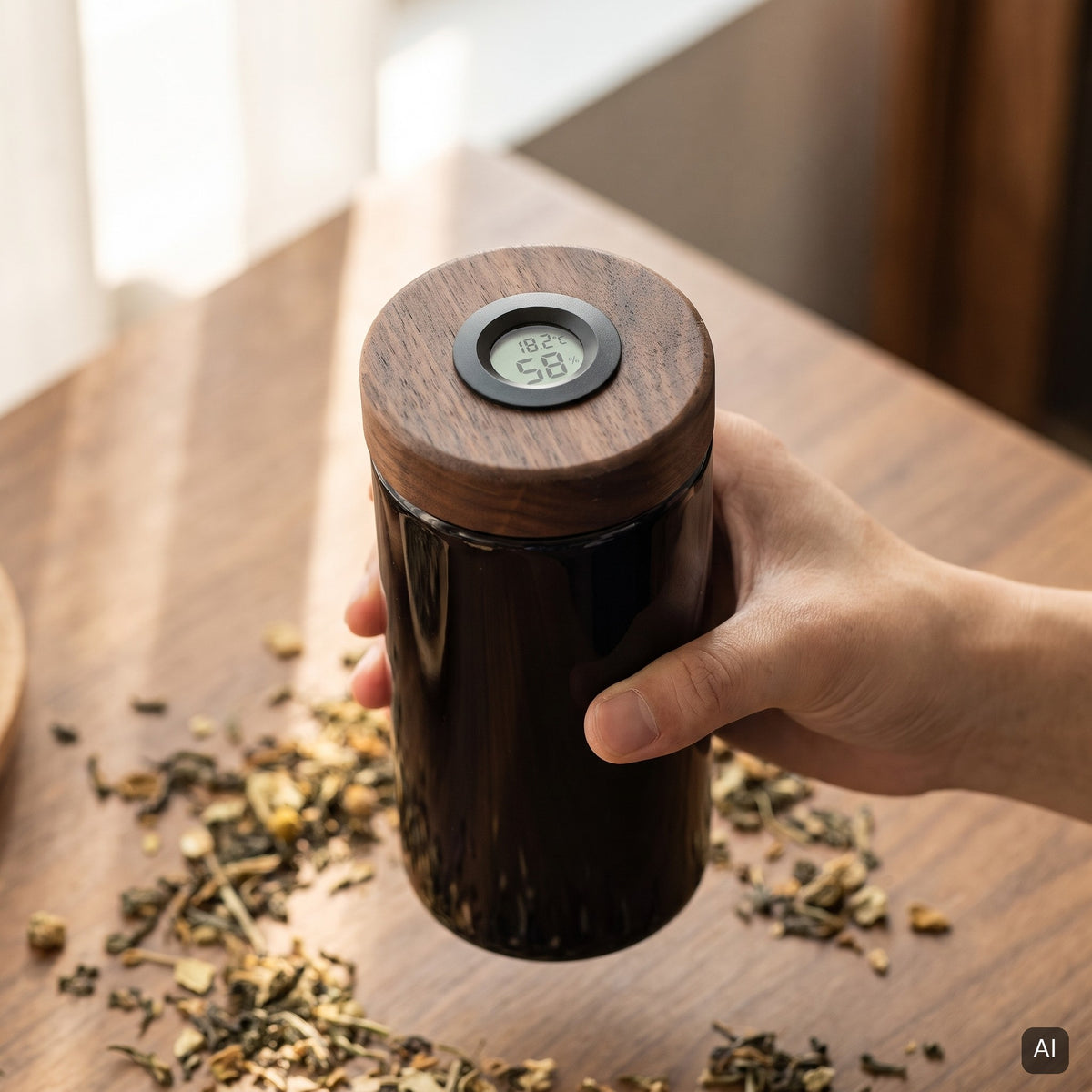 KI-generiertes Bild: Violettglas mit Nussbaum-Hygrometer-Deckel in einer Hand