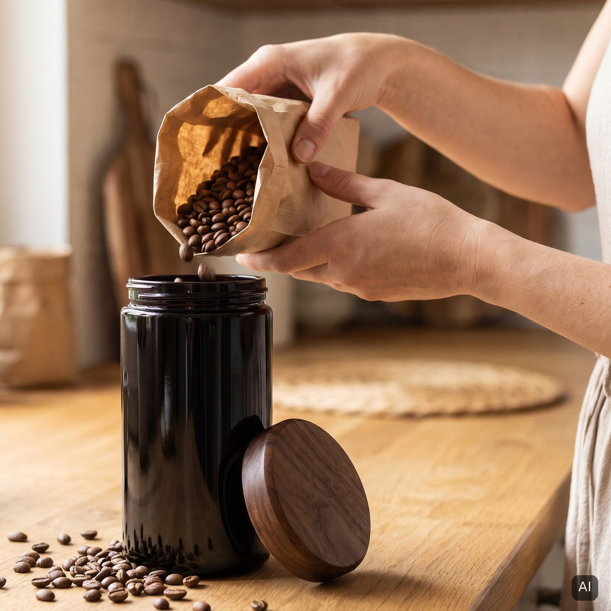 KI-generiertes Bild: Kaffeebohnen werden in ein Violettglas mit Nussbaum-Holzdeckel gefüllt