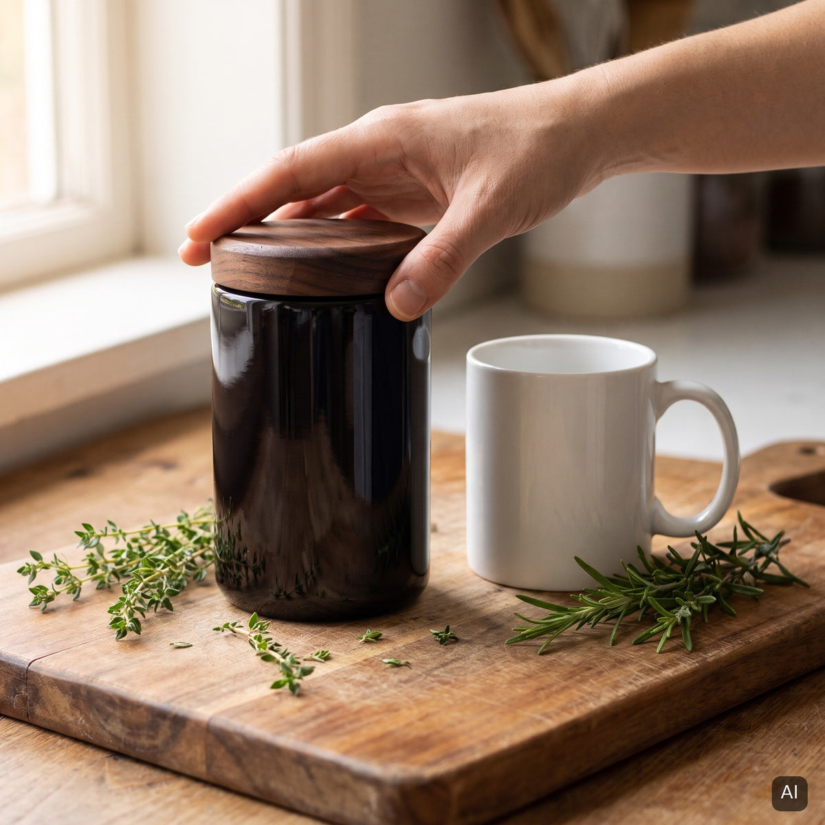 KI-generiertes Bild: kleines Violettglas mit Nussbaum-Holzdeckel neben Tasse und frischen Kräutern