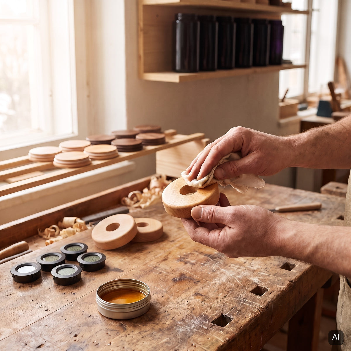 KI-generiertes Bild: Buche-Holzdeckel mit Loch für das Hygrometer wird in der Werkstatt geölt, Hygrometer liegen bereit