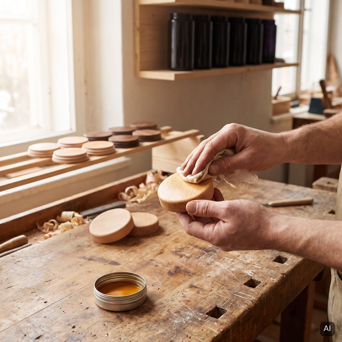 KI-generiertes Bild: Holzdeckel wird in der Werkstatt von Hand geölt