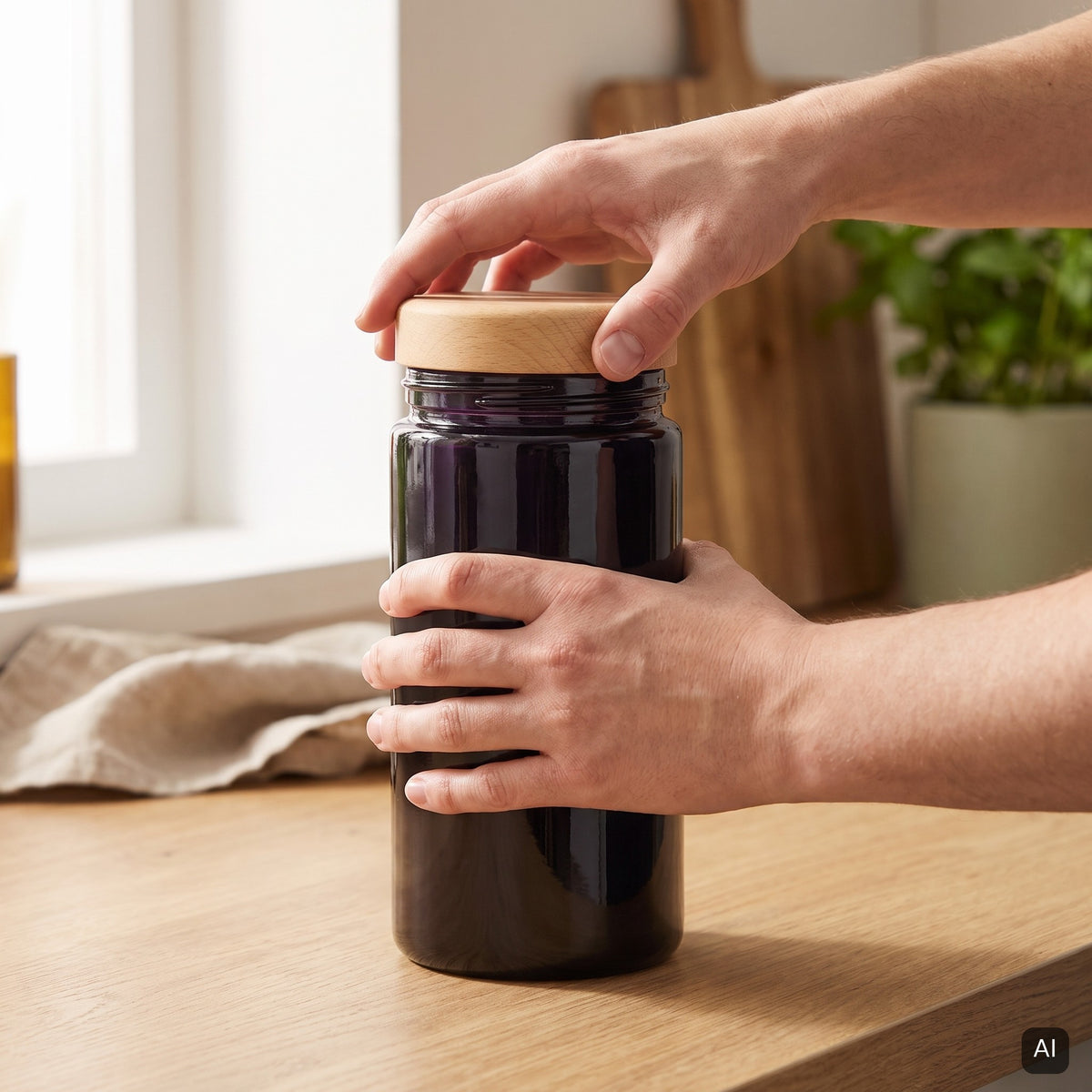 KI-generiertes Bild: Buche-Schraubdeckel wird auf das Gewinde eines Violettglases 1000 ml gedreht
