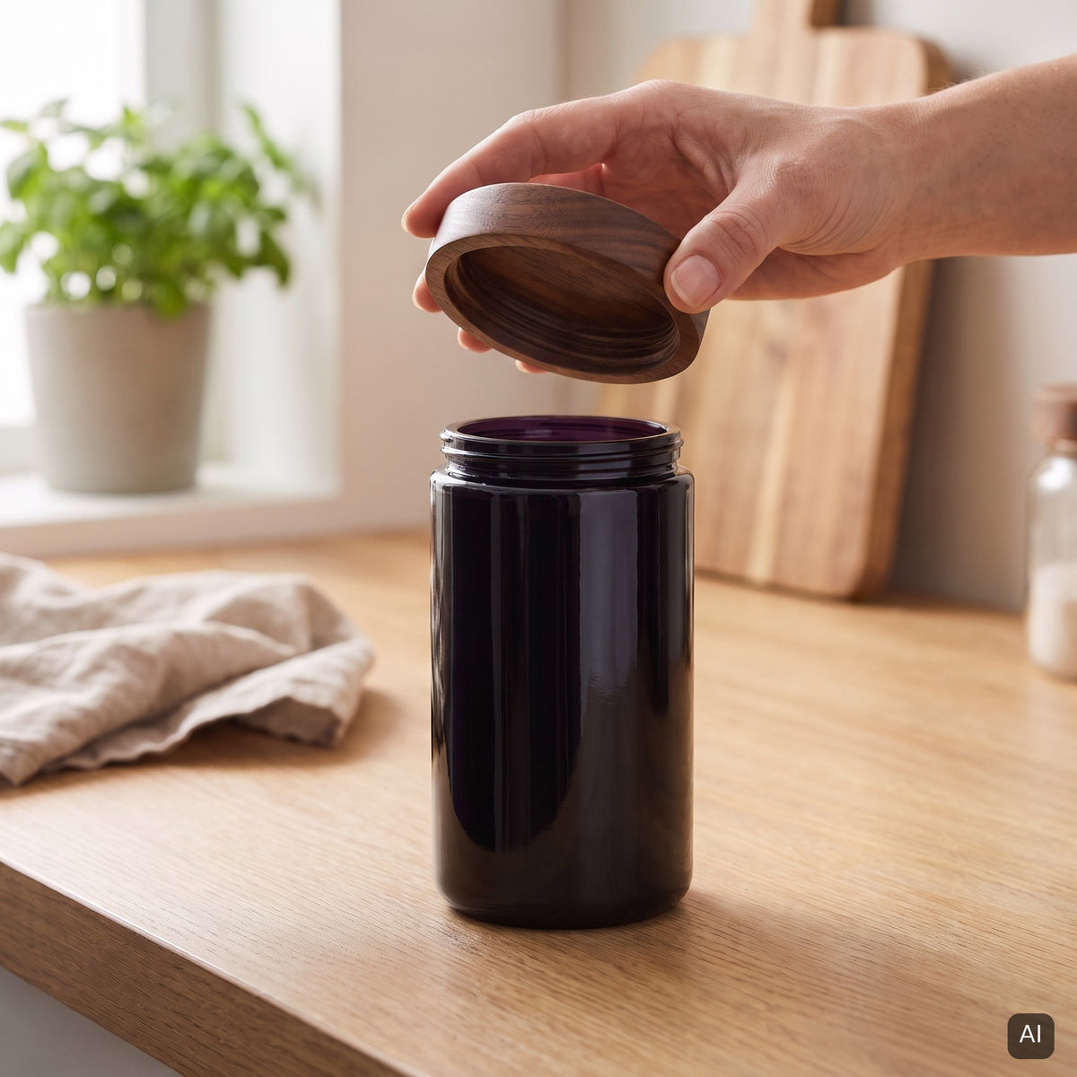 KI-generiertes Bild: Nussbaum-Schraubdeckel mit Innengewinde über dem Gewinde eines Violettglases 1000 ml