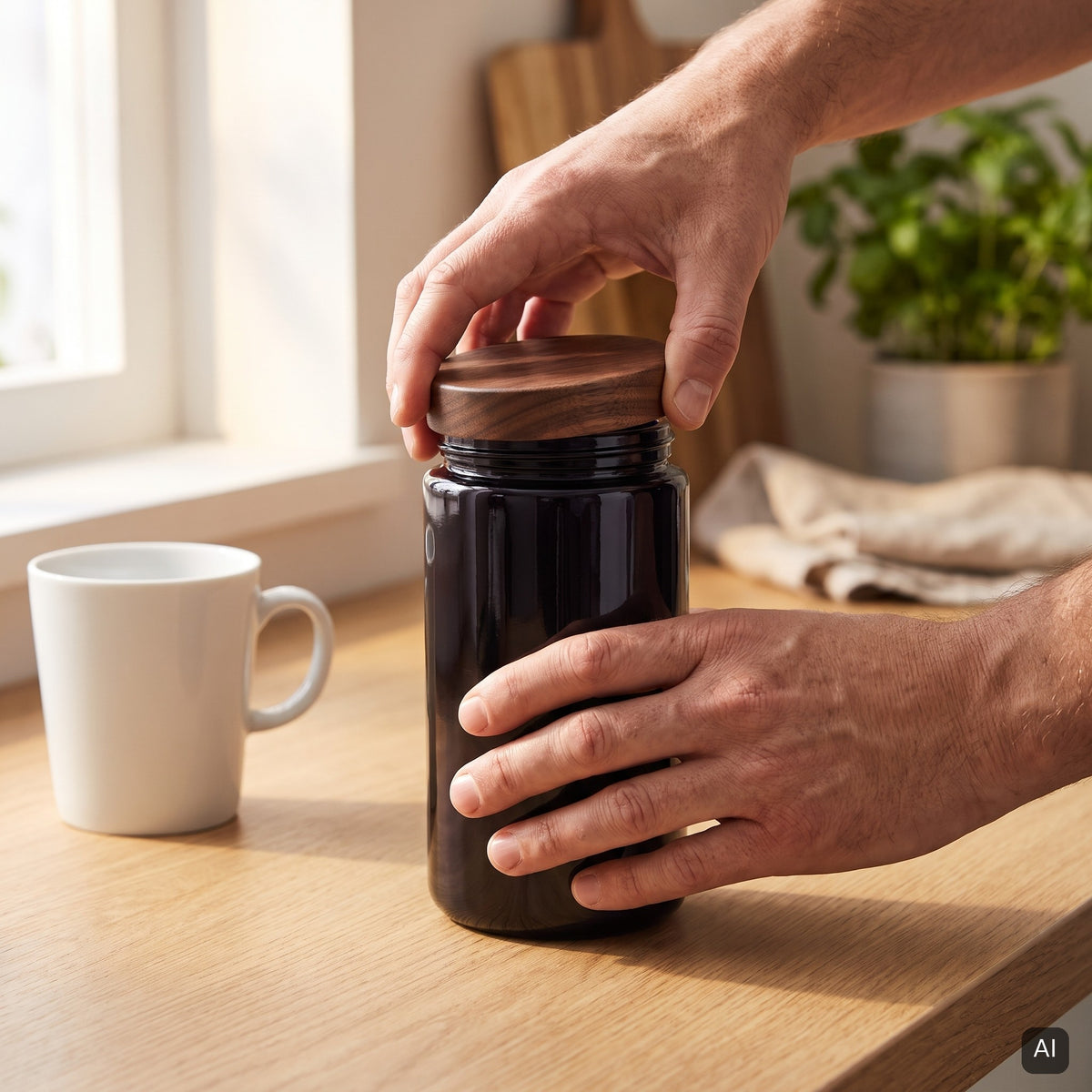 KI-generiertes Bild: Nussbaum-Holzdeckel wird auf ein Violettglas 500 ml geschraubt